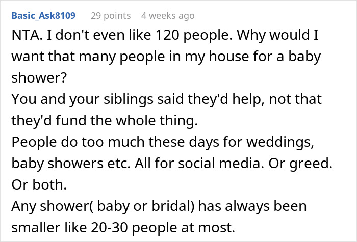 Text conversation about a man objecting to a large baby shower due to social media and greed concerns. Text conversation about a man objecting to a large baby shower due to social media and greed concerns.