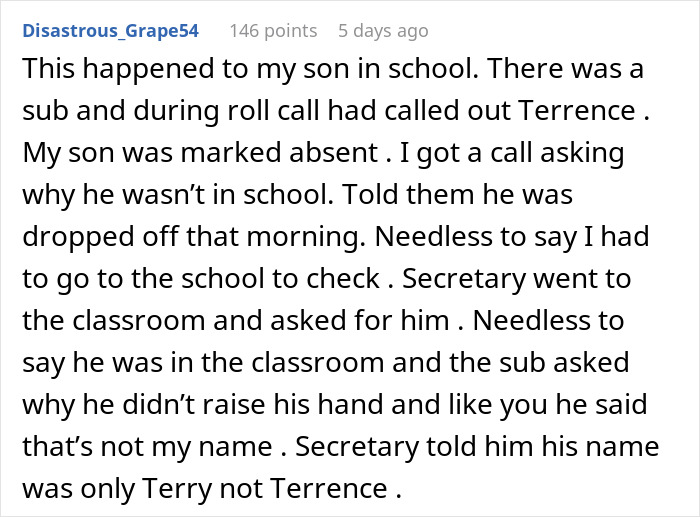 Text post describing student revenge for a teacher's name mistake during roll call.