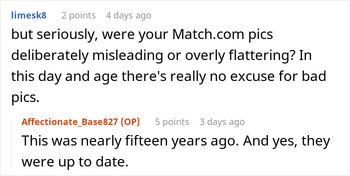 Reddit conversation discussing outdated online dating photos.