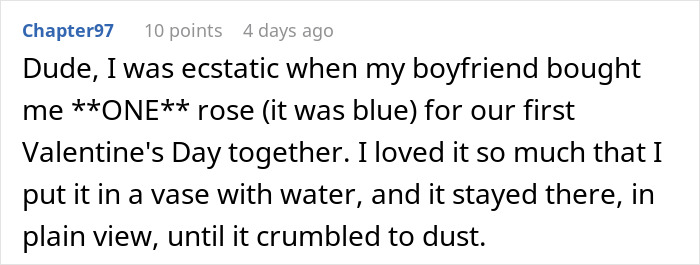 Text message from Chapter97 about receiving a single blue rose for Valentine's Day. Text message from Chapter97 about receiving a single blue rose for Valentine's Day.