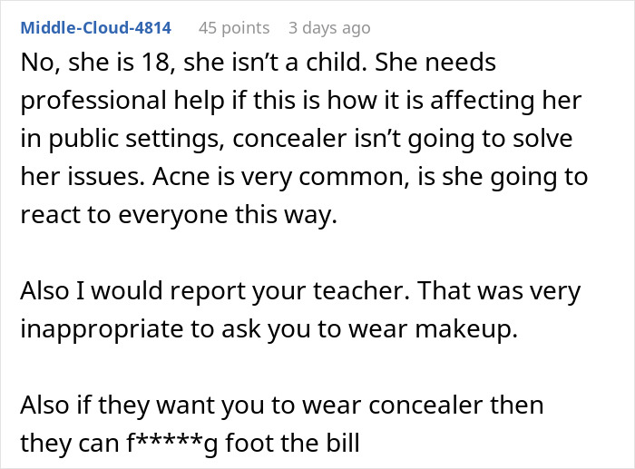 Comment discussing issues related to acne, classmates, and a teacher's response.