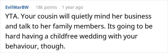 Reddit comment criticizing a bride's child-free wedding rule, noting its negative impact on an autistic cousin. Reddit comment criticizing a bride's child-free wedding rule, noting its negative impact on an autistic cousin.