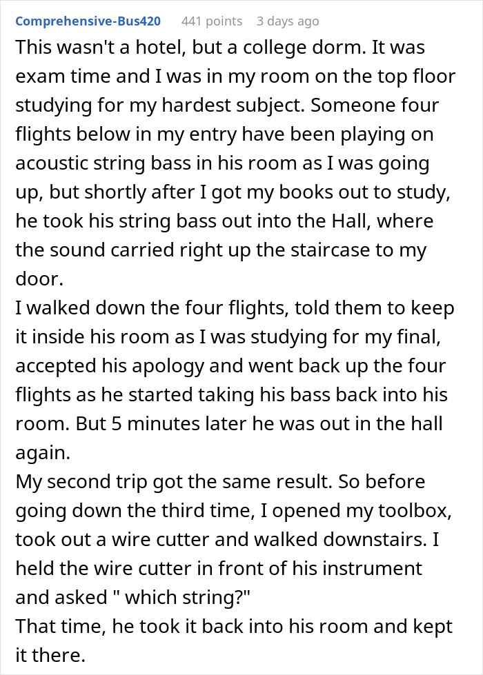 Text from a post describing a college dorm scenario where a neighbor plays a string bass loudly at night.