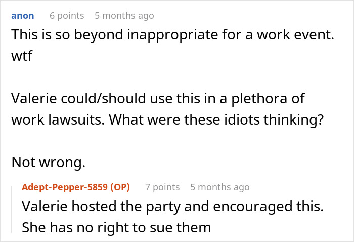Reddit comments discussing an inappropriate work event and potential lawsuits involving a husband's coworkers' game.