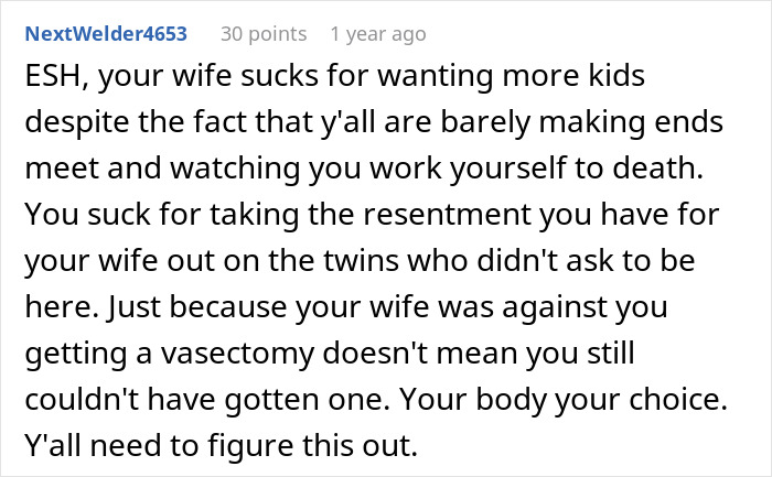 Reddit comment discussing the refusal to help with newborn twins due to vasectomy disagreement.
