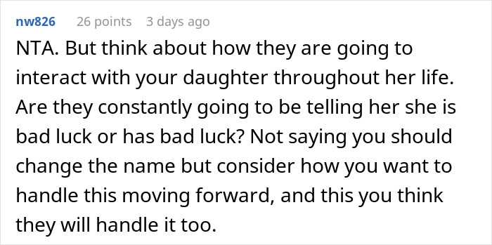 Comment discussing a baby name symbolizing deceit and bad luck, questioning how family will handle it.