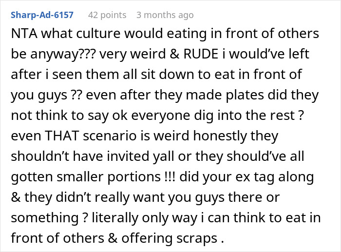 Reddit comment about friends eating before guests, expressing frustration and labeling it rude behavior.