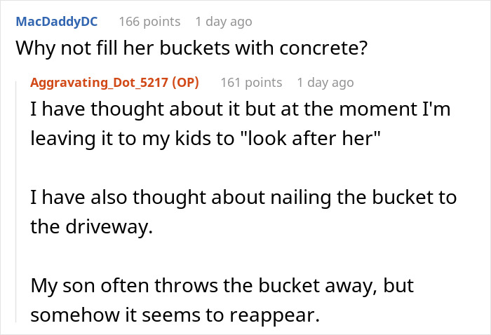 Reddit comments discussing parking issues related to HOA chair&rsquo;s wife and a bucket dilemma.