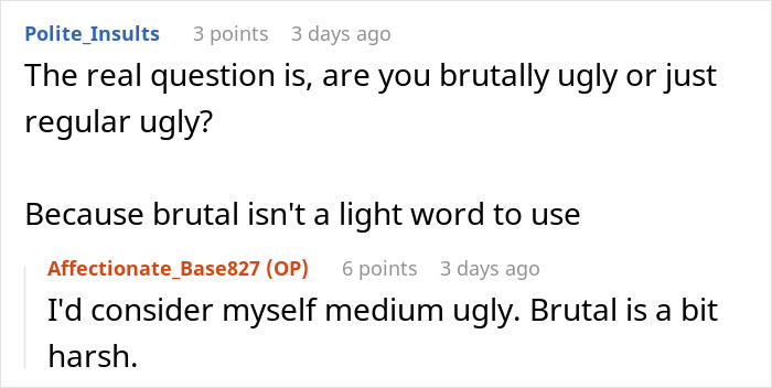 Screenshot of a humorous exchange discussing levels of ugliness.