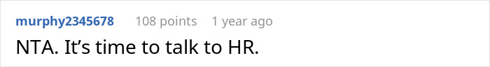 Reddit comment suggesting a woman talk to HR about a coworker's request for extra food, highlighting "team spirit" conflict.