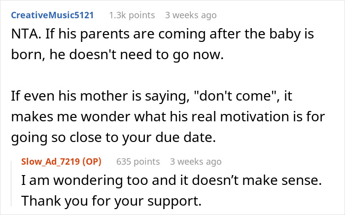 Reddit comment discussing a husband planning an overseas trip while his wife is pregnant.