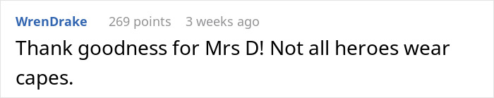 Comment praising Mrs. D for helping a teen against her horrible mother.