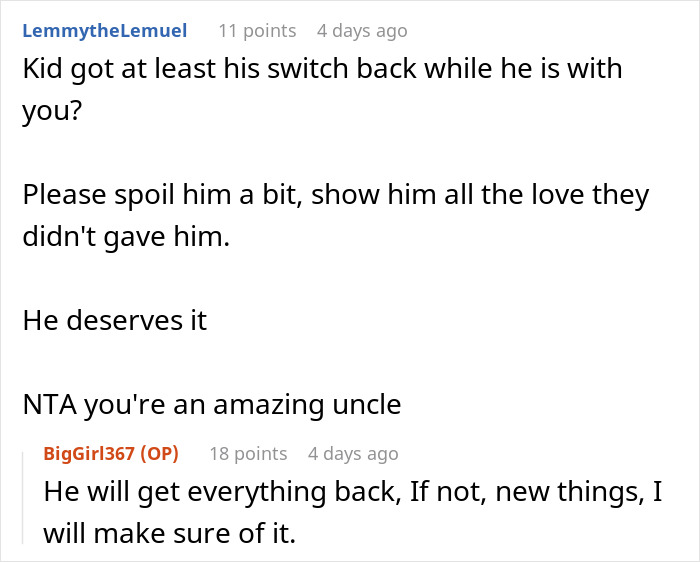 Reddit comments praising an uncle for taking in his nephew and supporting him after family issues.