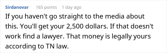 Comment advises server on claiming $2,500 tip through media or legal help under TN law. Comment advises server on claiming $2,500 tip through media or legal help under TN law.