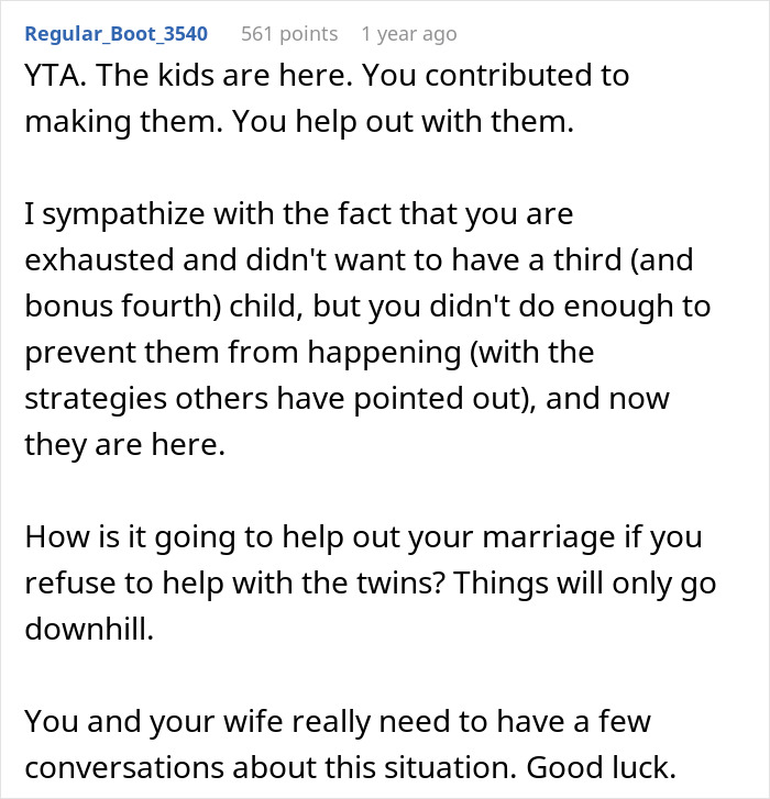 Text exchange about a dad refusing to help with newborn twins due to not getting a vasectomy.