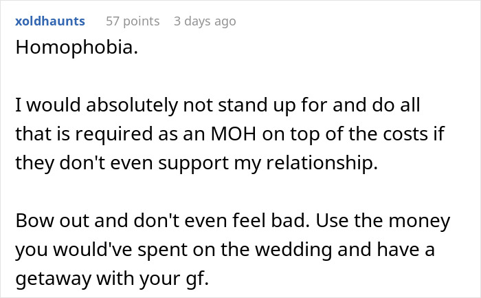 Text response discusses homophobia at a wedding, advising the gay woman to prioritize herself and her relationship. Text response discusses homophobia at a wedding, advising the gay woman to prioritize herself and her relationship.