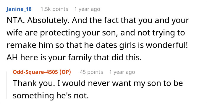 Reddit comments discussing family support for a gay son, highlighting protection and acceptance.