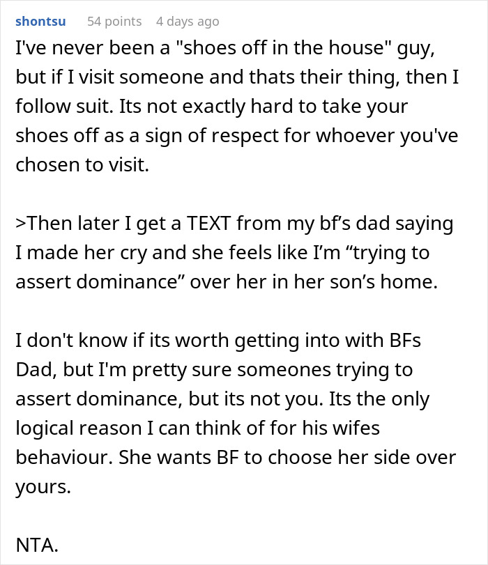 Comment discussing a son's girlfriend's house rule about shoes, mentioning a conflict with the father.