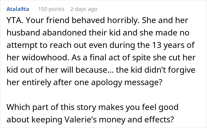 Reddit comment discussing inheritance issues with a friend and her daughter.