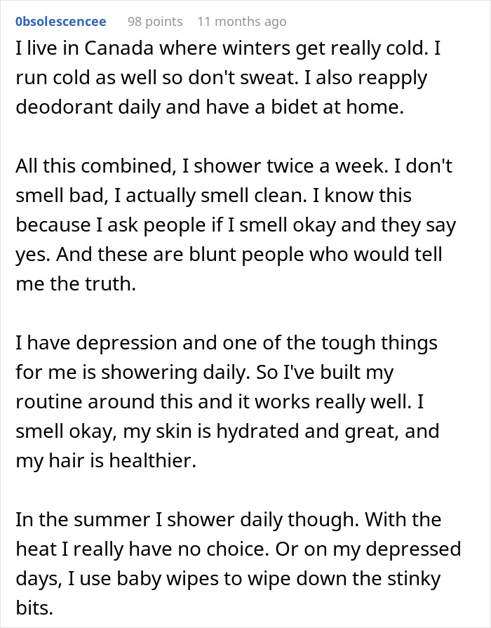 Discussion on personal hygiene strategies and routines related to shower frequency.