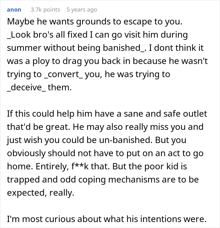 Text regarding teen's actions with religious parents, discussing deception and intentions.