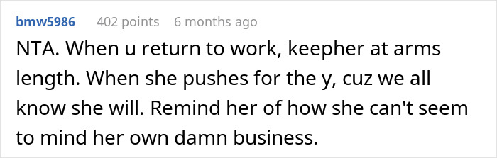 Screenshot of a comment giving advice on dealing with a nosy coworker announcing someone's pregnancy. Screenshot of a comment giving advice on dealing with a nosy coworker announcing someone's pregnancy.