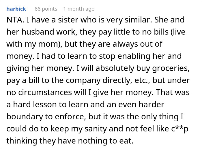 Reddit comment discussing the issue of buying groceries for a sister without giving her money.