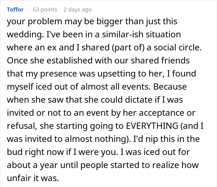 Text post discussing being excluded from social events after a relationship issue. Text post discussing being excluded from social events after a relationship issue.