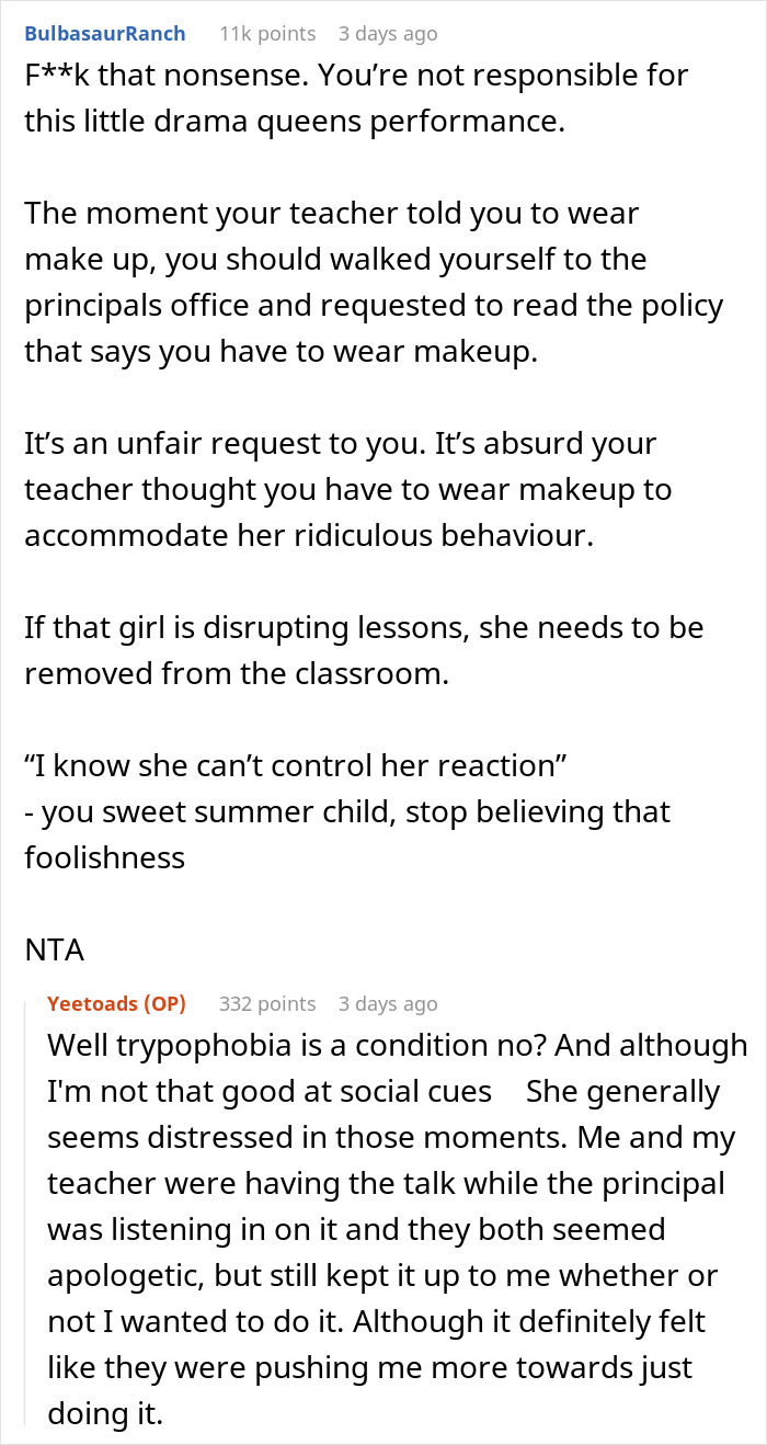 Commentary on student's acne causing distress and makeup demand.