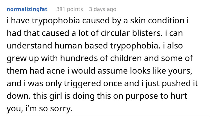 Reddit comment discussing trypophobia and reactions to acne in a school setting.