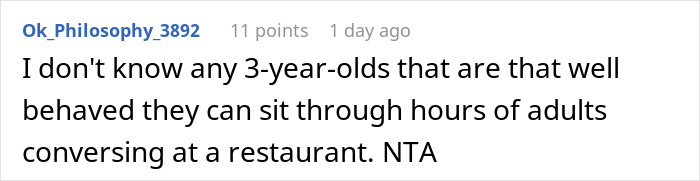 Reddit comment discussing child behavior and "child-free" events at restaurants.