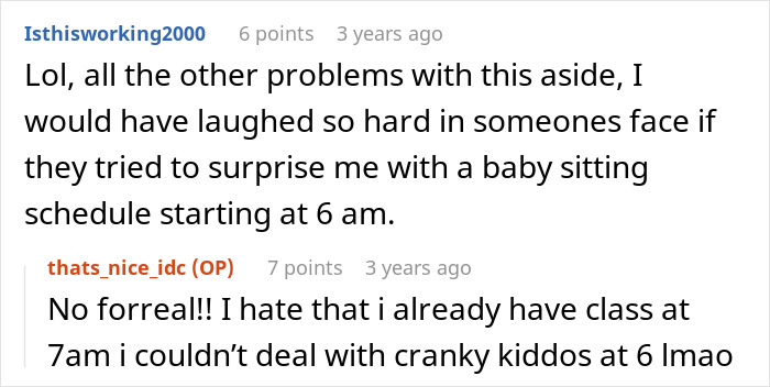 Text discussion on unexpected babysitting schedule, addressing refusal by the daughter.