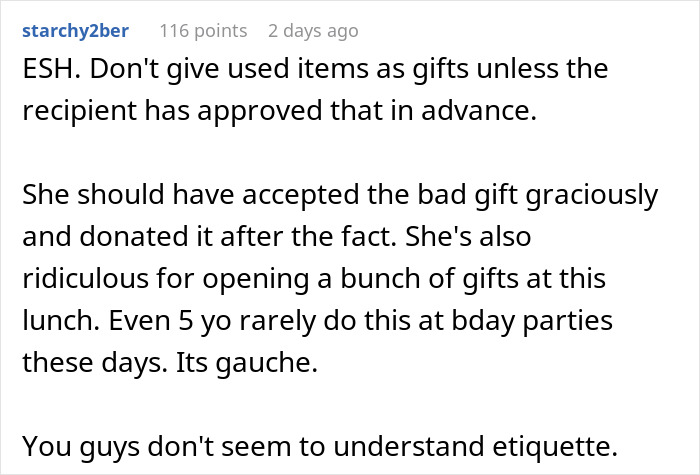 Comment discussing etiquette on giving used gifts at birthday parties.