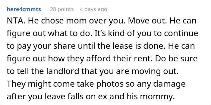 Comment advising woman to leave her apartment due to difficult mother-in-law situation. Comment advising woman to leave her apartment due to difficult mother-in-law situation.