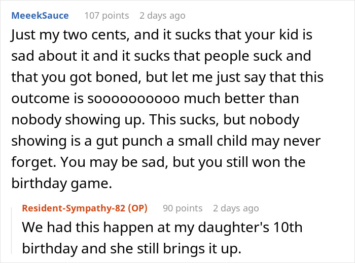 Image showing online comments discussing a parent's experience of no RSVPs for their child's party.