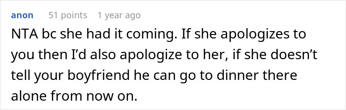 Reddit comment discussing a dinner argument involving the boyfriend's mom. Reddit comment discussing a dinner argument involving the boyfriend's mom.