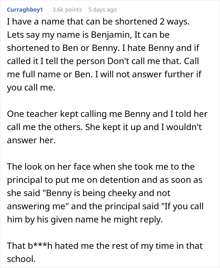 Text story about a student's revenge on a teacher for mispronouncing their name, with a humorous twist.