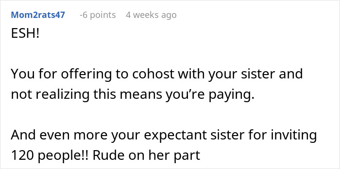 Comment criticizing entitled sister for inviting 120 people to a baby shower, noting rude behavior. Comment criticizing entitled sister for inviting 120 people to a baby shower, noting rude behavior.