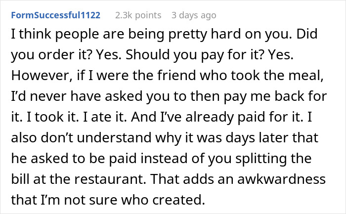 Reddit comment discussing a situation where a woman didn't pay for a meal her friends took home. Reddit comment discussing a situation where a woman didn't pay for a meal her friends took home.