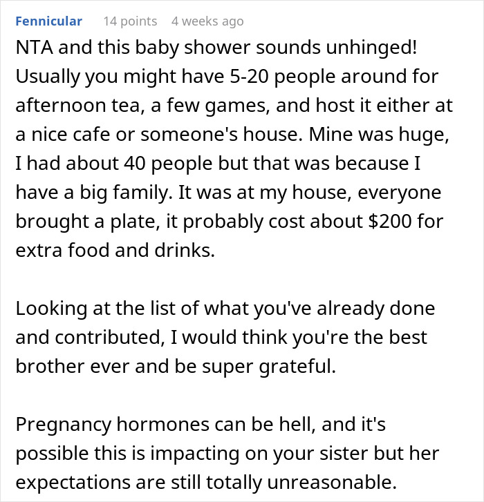 Text exchange discussing an entitled sister's unreasonable baby shower expectations. Text exchange discussing an entitled sister's unreasonable baby shower expectations.