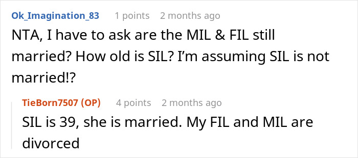 Comment exchange about MIL's wedding dress, SIL's reaction, marital status, and relationships. Comment exchange about MIL's wedding dress, SIL's reaction, marital status, and relationships.