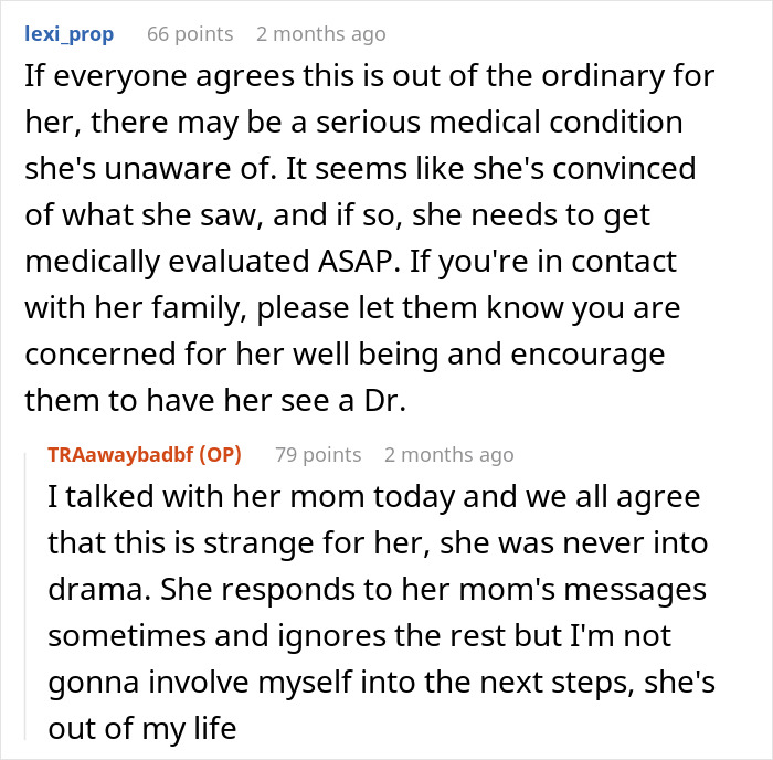 Text conversation about concern for a woman’s mental health and unusual behavior involving a fabricated story. Text conversation about concern for a woman’s mental health and unusual behavior involving a fabricated story.