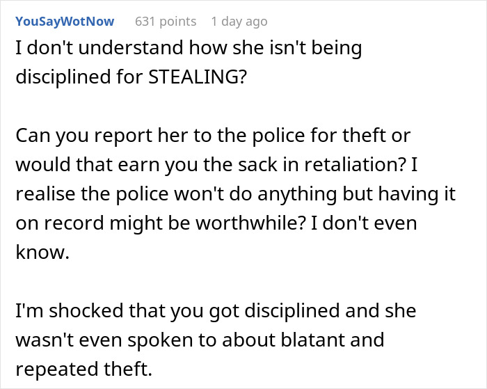 Comment discussing food thief and workplace discipline, questioning inaction against stealing.