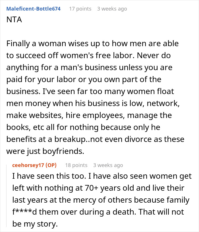 Reddit discussion about a partner refusing free labor in response to being excluded from a will.