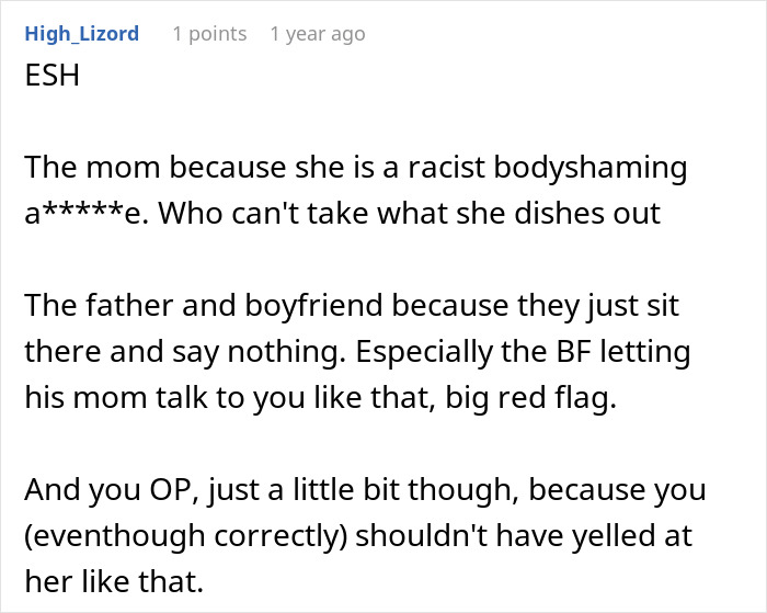 Discussion about boyfriend’s mom and body shaming at dinner, mentioning family dynamics and conflict resolution. Discussion about boyfriend’s mom and body shaming at dinner, mentioning family dynamics and conflict resolution.