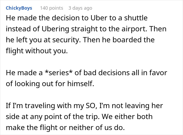 Text conversation discusses a man's decision that makes his girlfriend late to the airport, focusing on poor travel choices. Text conversation discusses a man's decision that makes his girlfriend late to the airport, focusing on poor travel choices.