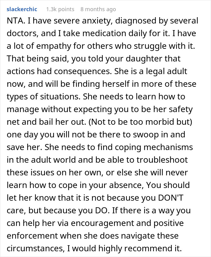 Text discussing parental advice for managing daughter's anxiety post-road trip. Text discussing parental advice for managing daughter's anxiety post-road trip.