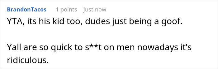 Text expressing frustration over criticism of a man attending pregnancy appointments.