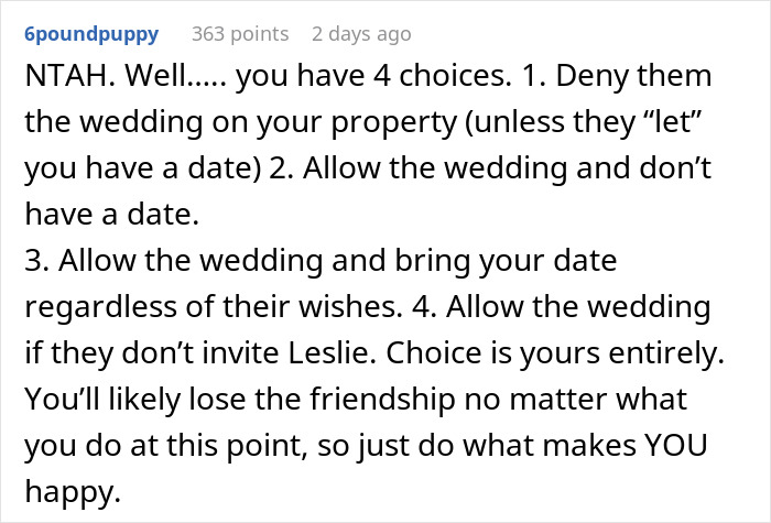 Text exchange discussing wedding decisions and friendship impacts in a backyard setting. Text exchange discussing wedding decisions and friendship impacts in a backyard setting.