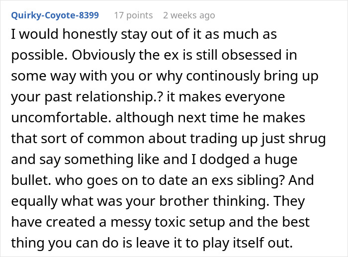 Comment discussing awkward family dynamics after a brother's ex married his sibling.